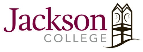 Logo for Jackson College has maroon and black letters with a clock tower on the right side